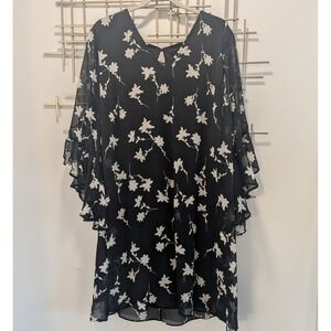 Calvin Klein Black Floral Print Flutter Sleeve V Neck Shift Dress‎ Women's Sz XL
